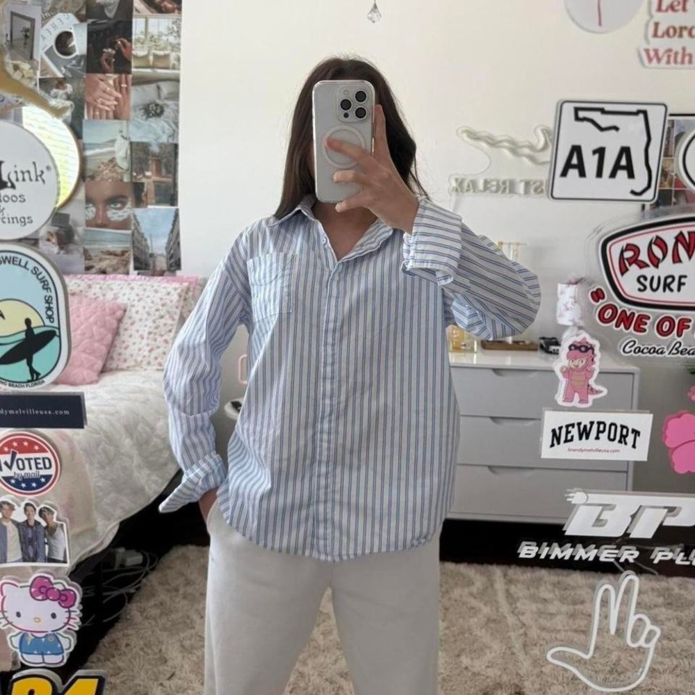 blue and white striped button up Princess Polly top